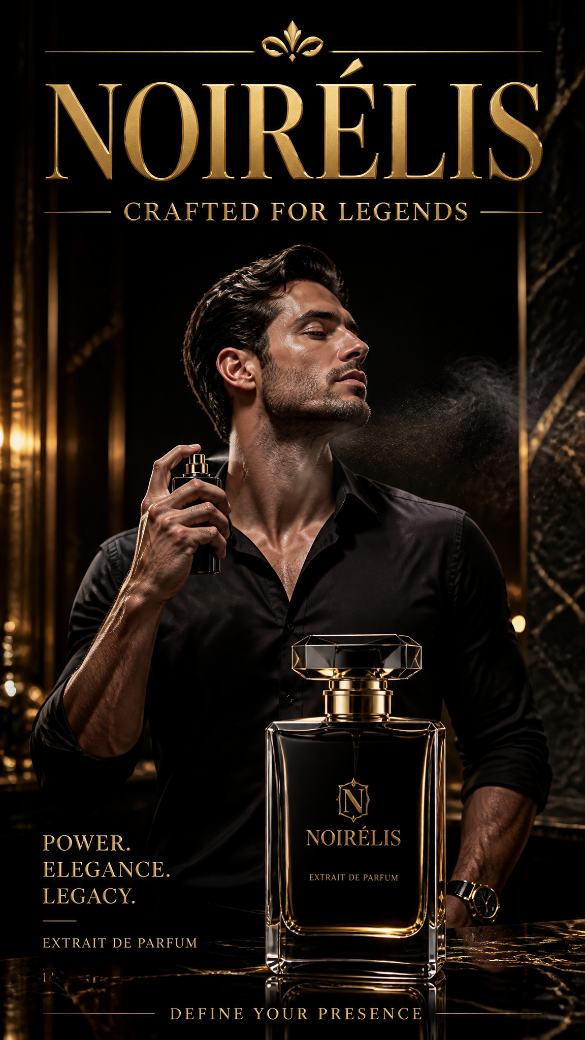 Ultra-premium luxury perfume advertisement, vertical 9:16
