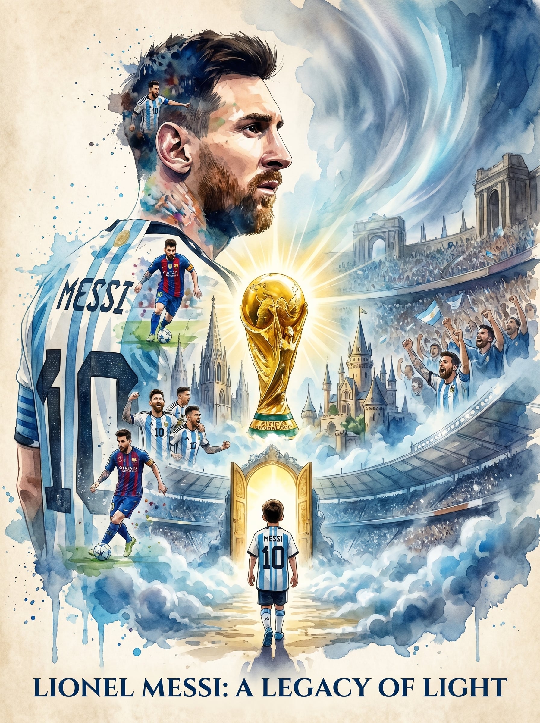 Epic cinematic watercolor poster of Lionel Messi, giant s
