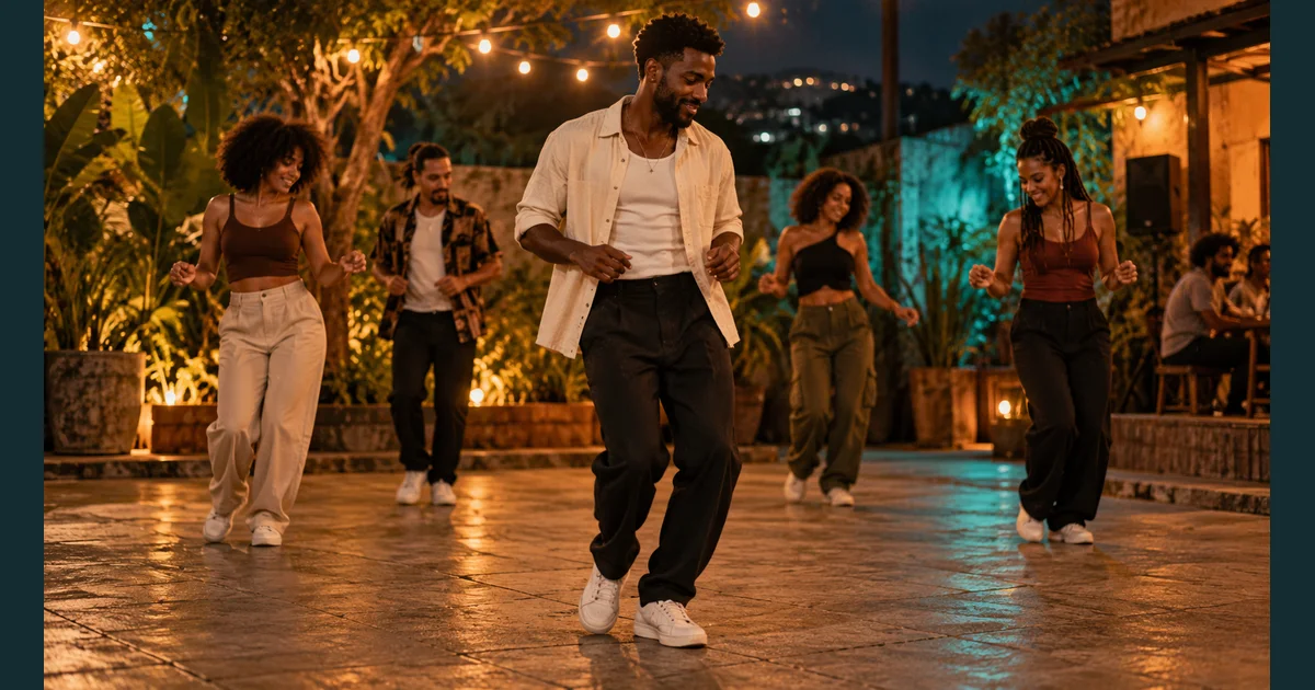 Fictional adult leading a relaxed baile-charme-inspired side step in a warm-lit courtyard