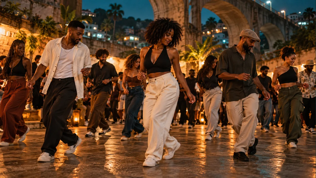 AI illustration of adults dancing in loose rows beneath a concrete viaduct at night