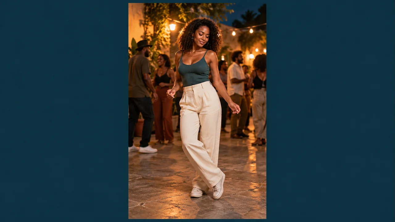 Vertical composition study with a full-body dancer and space above the head and below both shoes