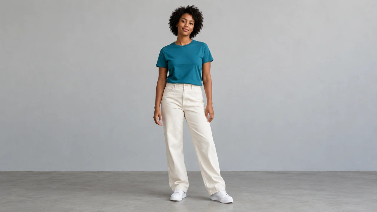 Fictional adult in a teal shirt and cream trousers shown head to toe against a plain studio background