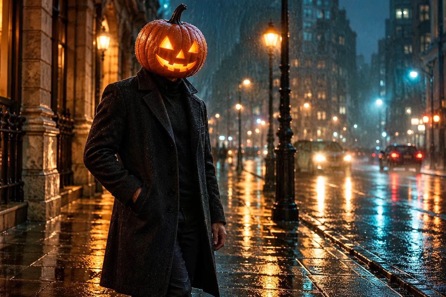 Pumpkin-headed character in a dark coat on a rainy street with warm carved eyes and cool reflections