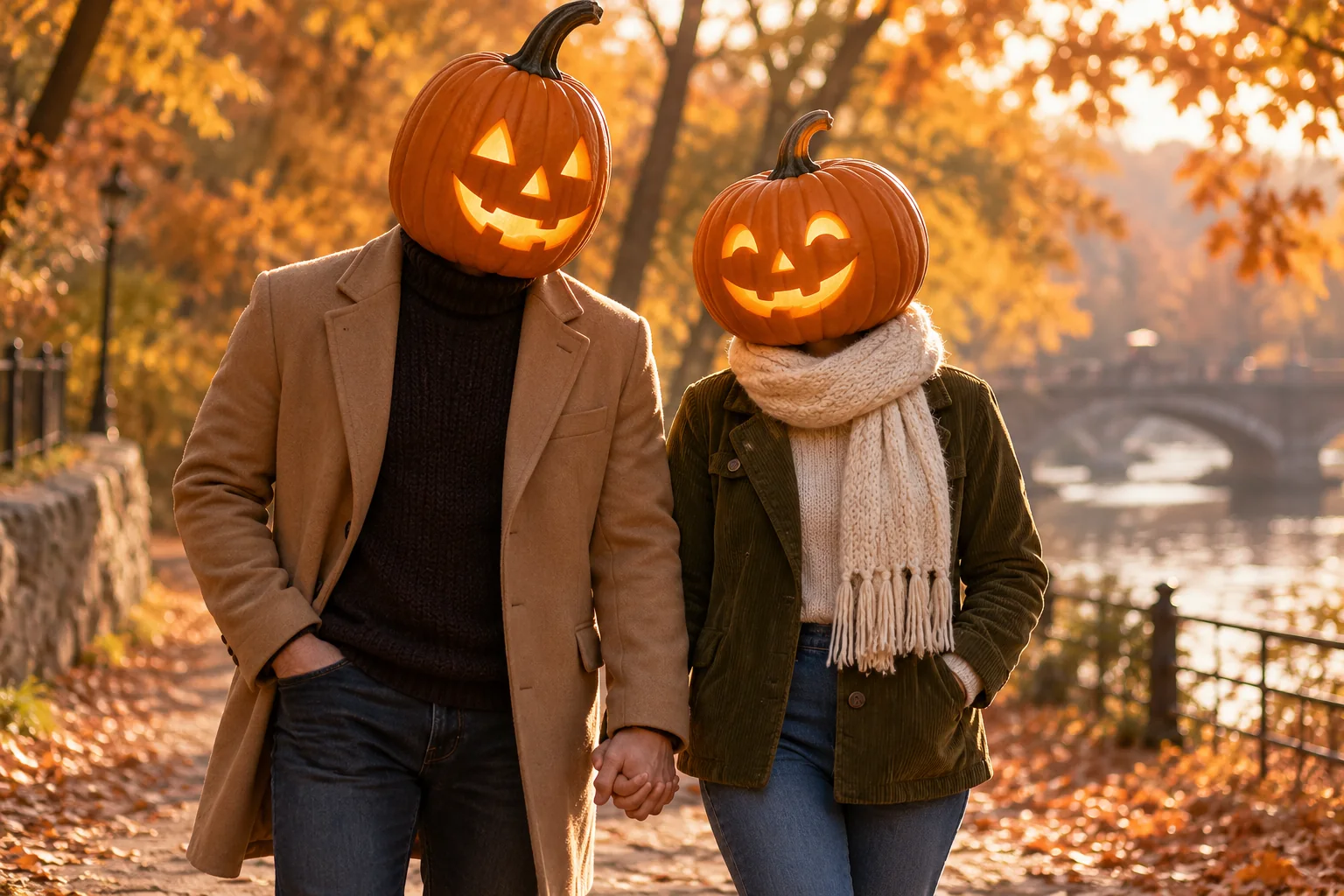 Two adult pumpkin-headed characters in coordinated autumn outfits standing together in a park