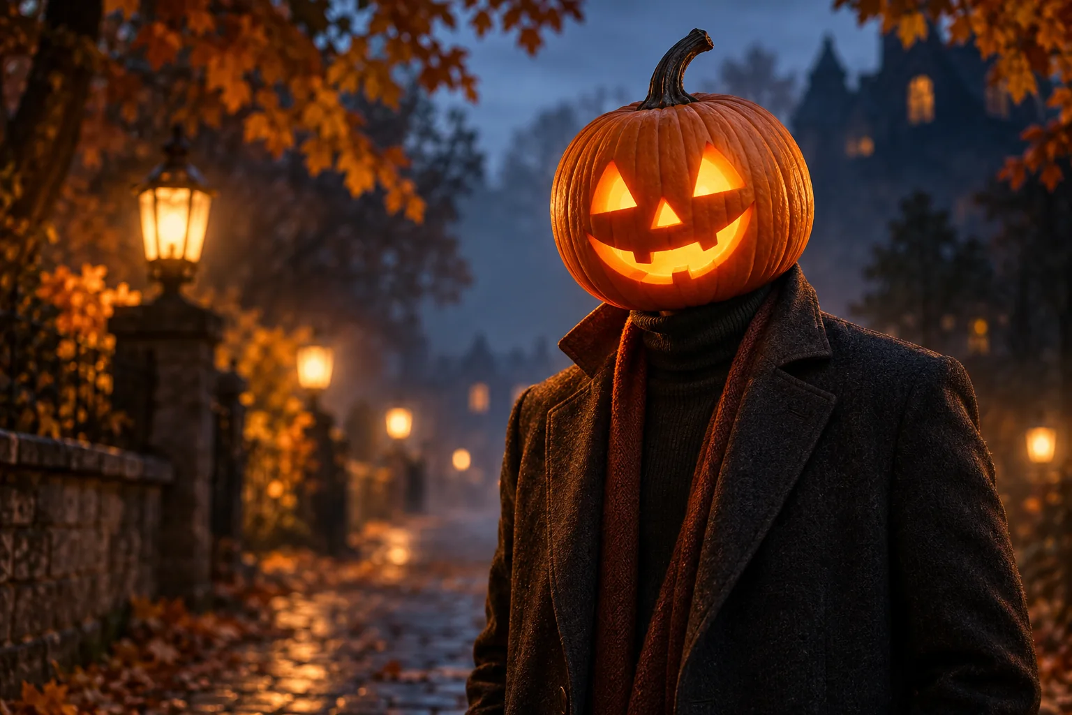 AI-generated Halloween portrait with a glowing carved pumpkin replacing a person’s entire head