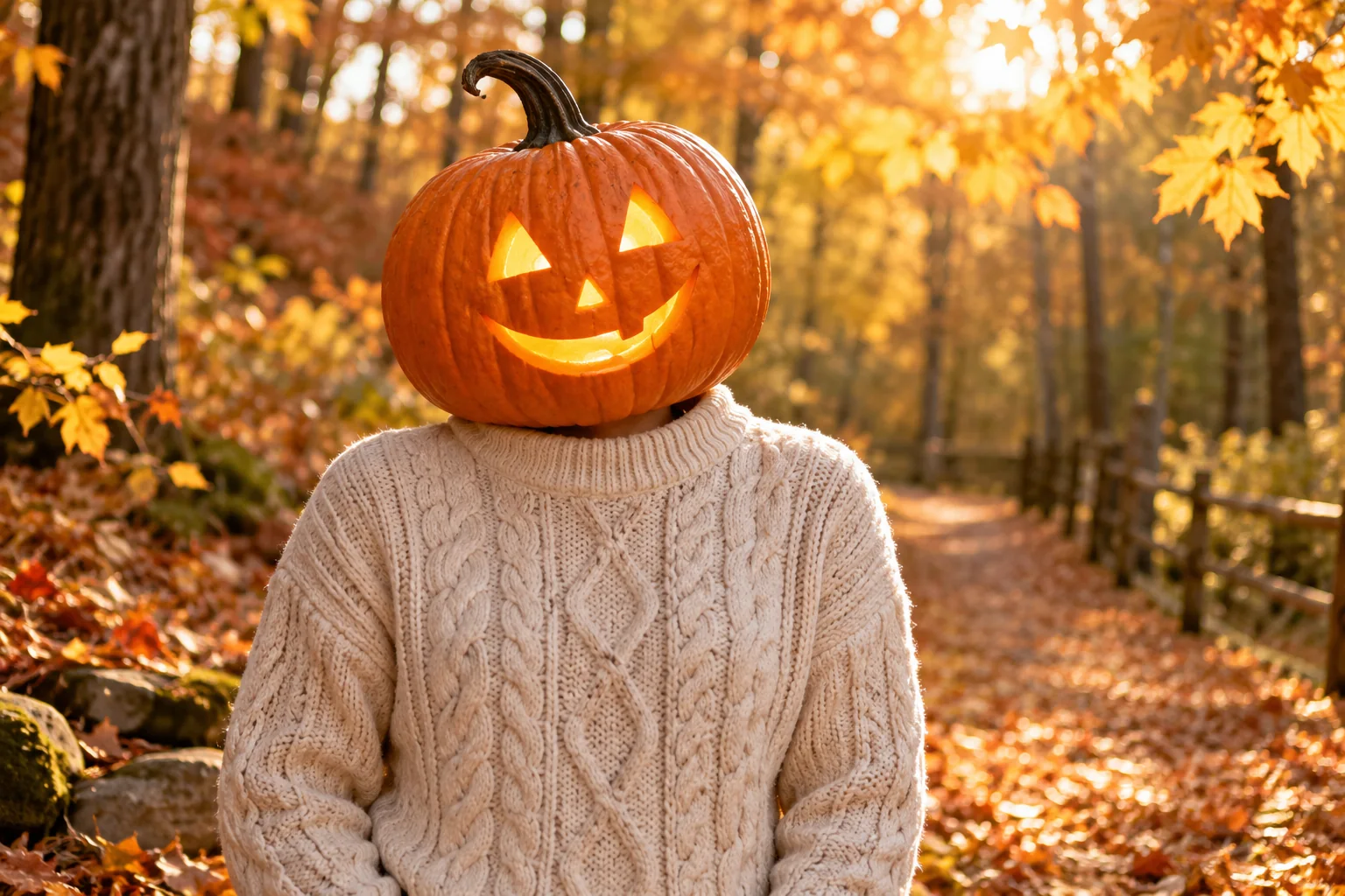 Pumpkin head AI style example of an adult in a cream knitted sweater on an autumn path