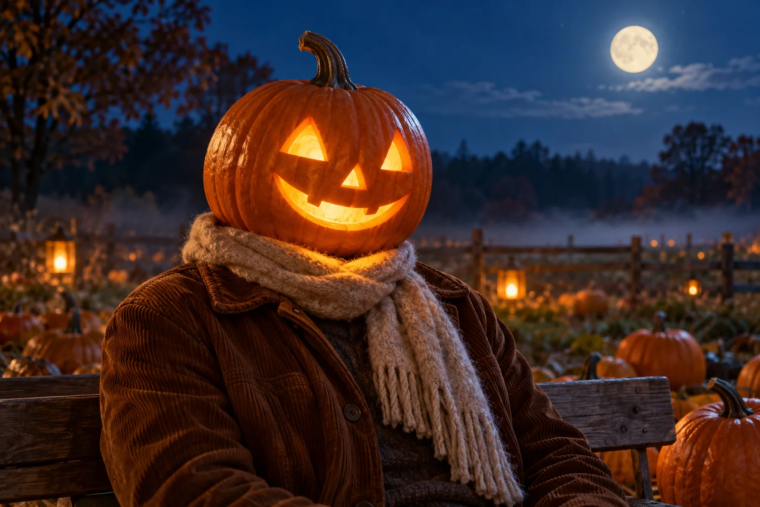 AI-generated pumpkin-headed adult wearing a brown jacket and scarf in a moonlit pumpkin patch