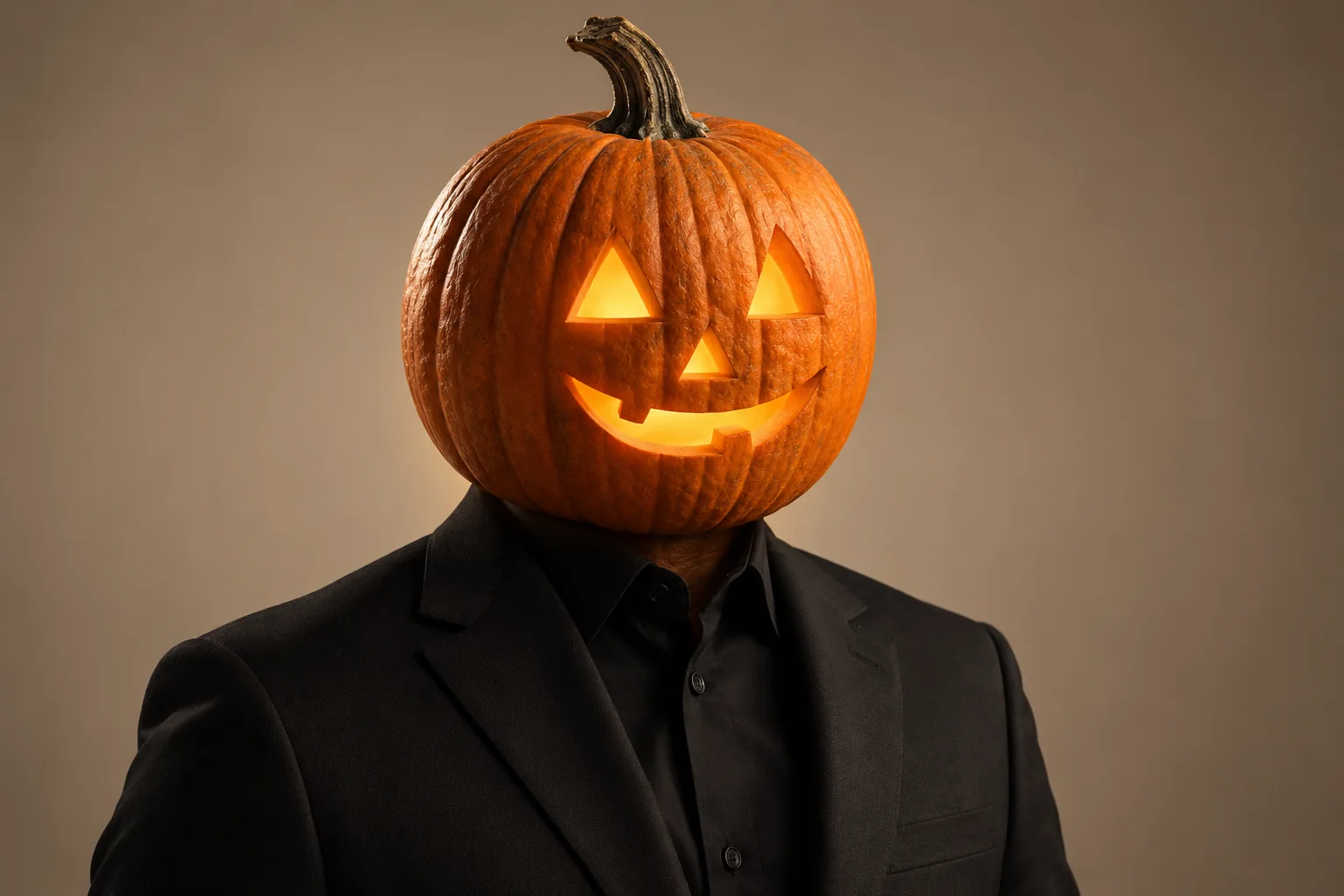 Studio portrait of a pumpkin-headed adult in a tailored black suit against a warm taupe background